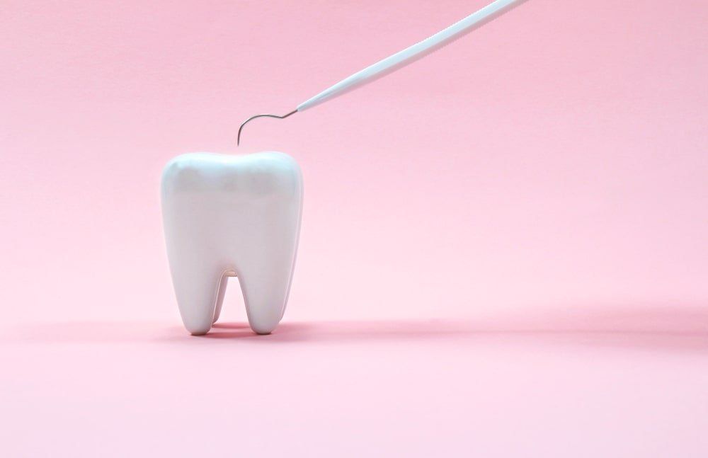 dent entière et instrument dentaire sur fond rose